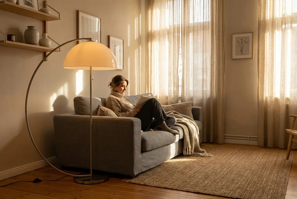 Scandinavische woonkamer met paddenstoel vloerlamp en persoon lezend op de bank