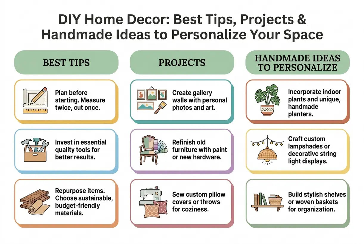 DIY Home Decor: Best Tips, Projects & Handmade Ideas to Personalize Your Space - infographic