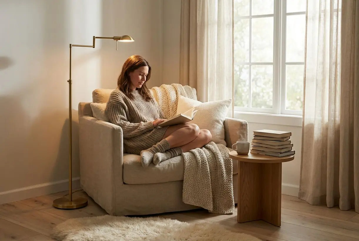 Scandinavische leeshoek met verstelbare staande leeslamp naast linnen fauteuil