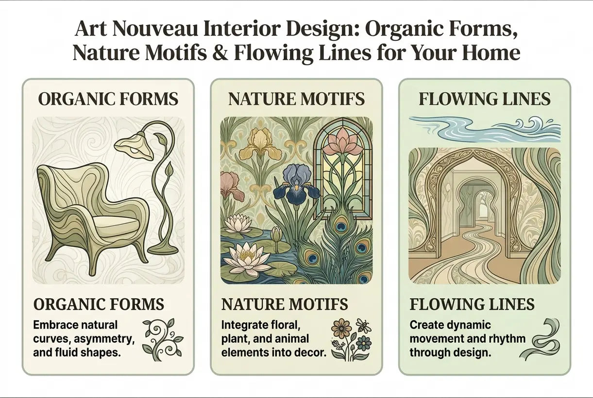 Art Nouveau Interior Design: Organic Forms, Nature Motifs & Flowing Lines for Your Home - infographic