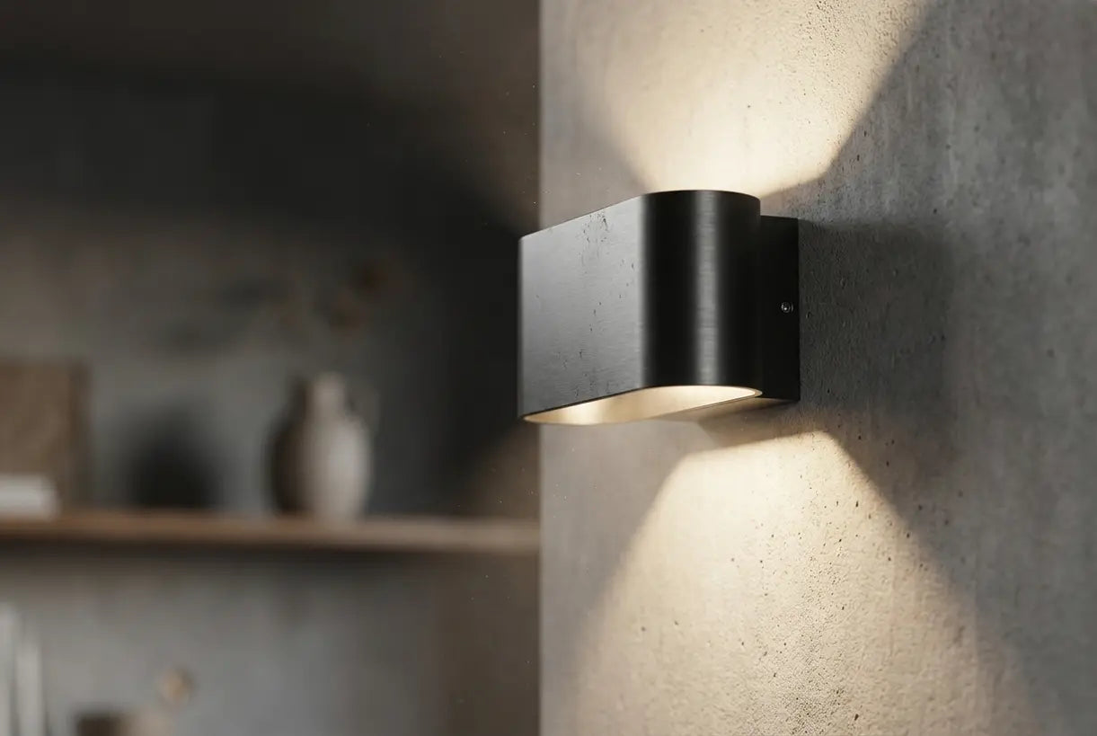 Moderne op-neer wandlamp voor binnen die tweezijdige warme stralen werpt op een getextureerde muur