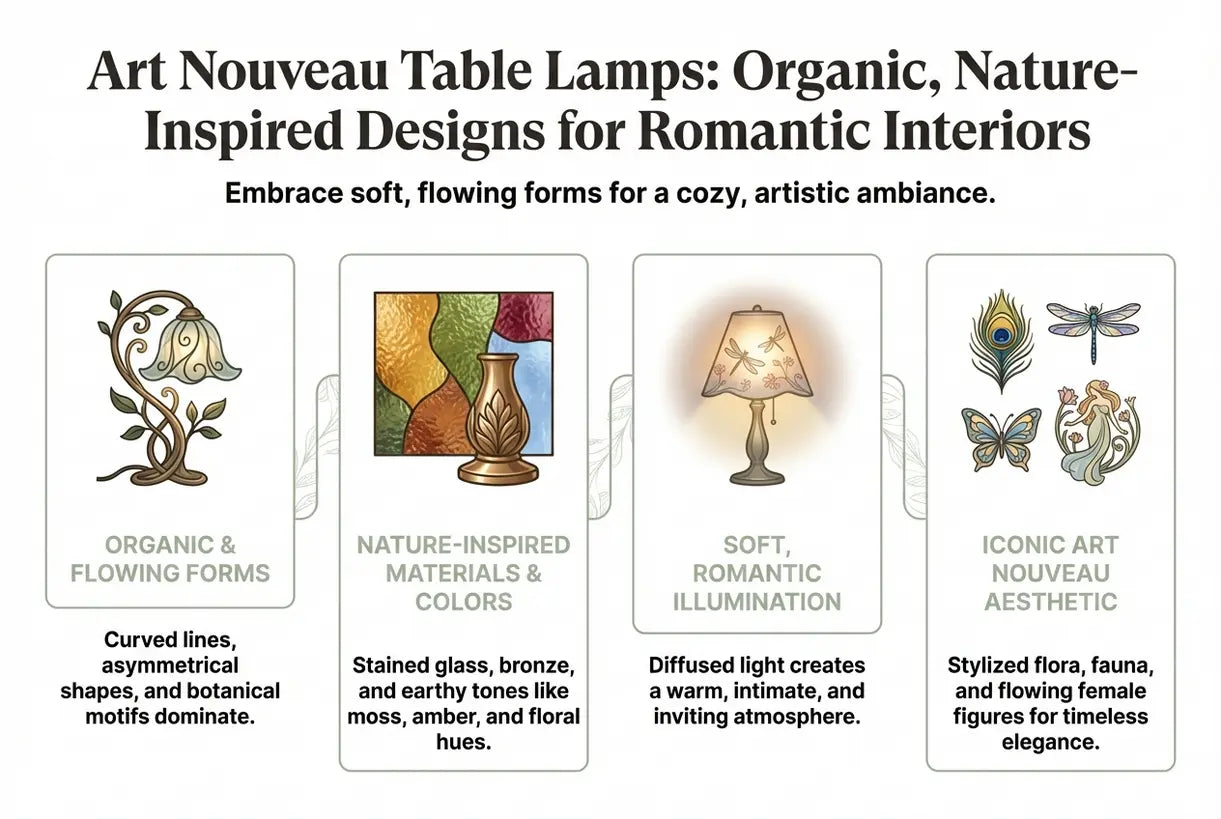 Art Nouveau Tafellampen: Organische, Natuur-Geïnspireerde Ontwerpen voor Romantische Interieurs - infographic