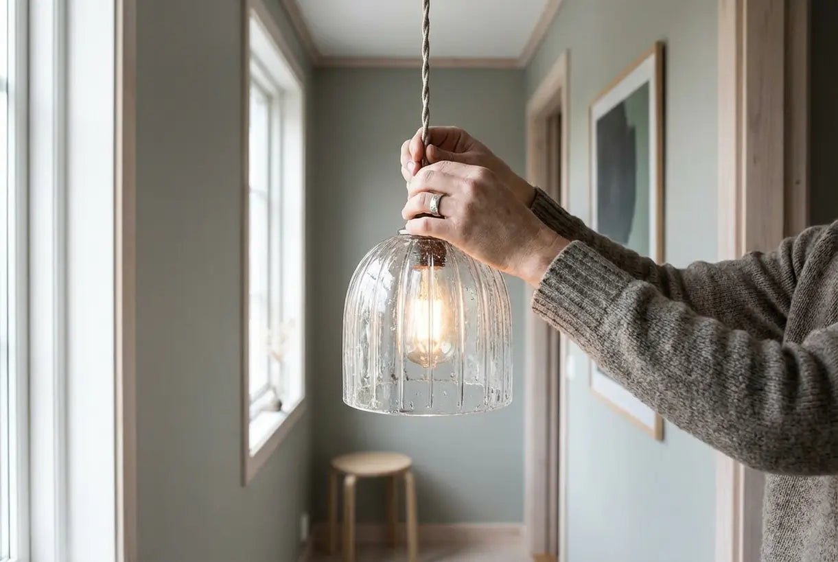 Hands adjusting hallway pendant light fixture in narrow Scandinavian space