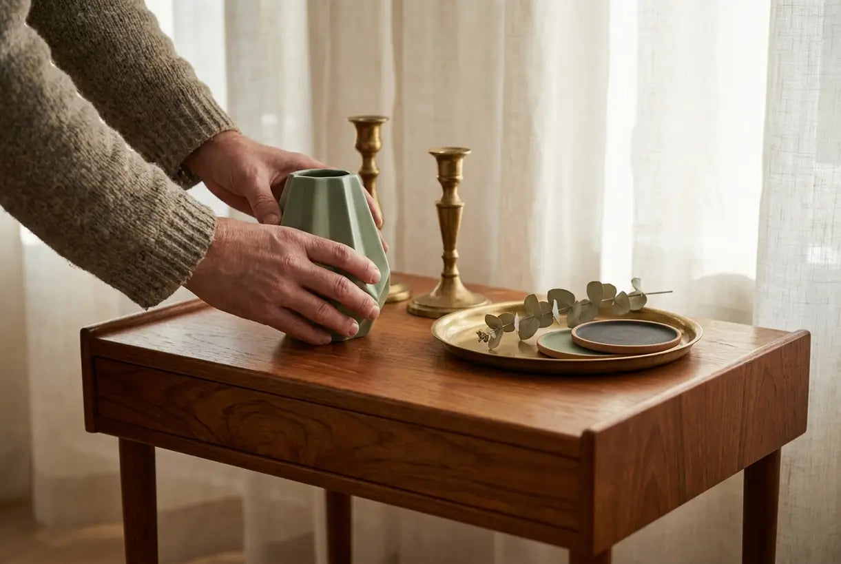 Hands styling mid-century home decor vignette with teak wood, brass accents, and geometric ceramic vase in natural light