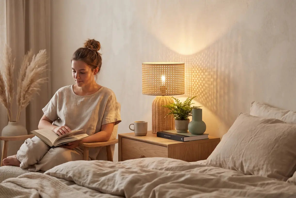 Gezellig slaapkamerinterieur met natuurlijke rotan tafellamp die warme geweven lichtpatronen werpt op Scandinavisch nachtkastje