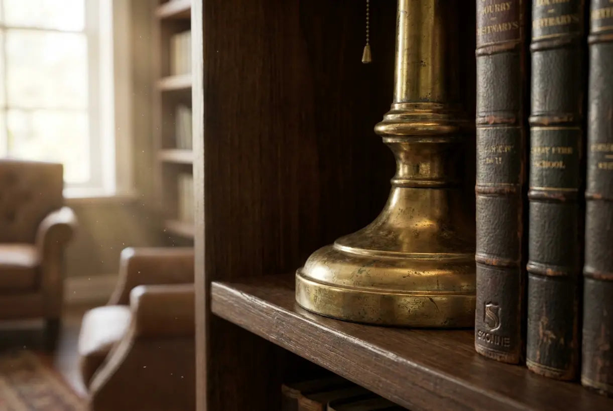 Vintage brass lamp and leather books for dark academia interior design decor