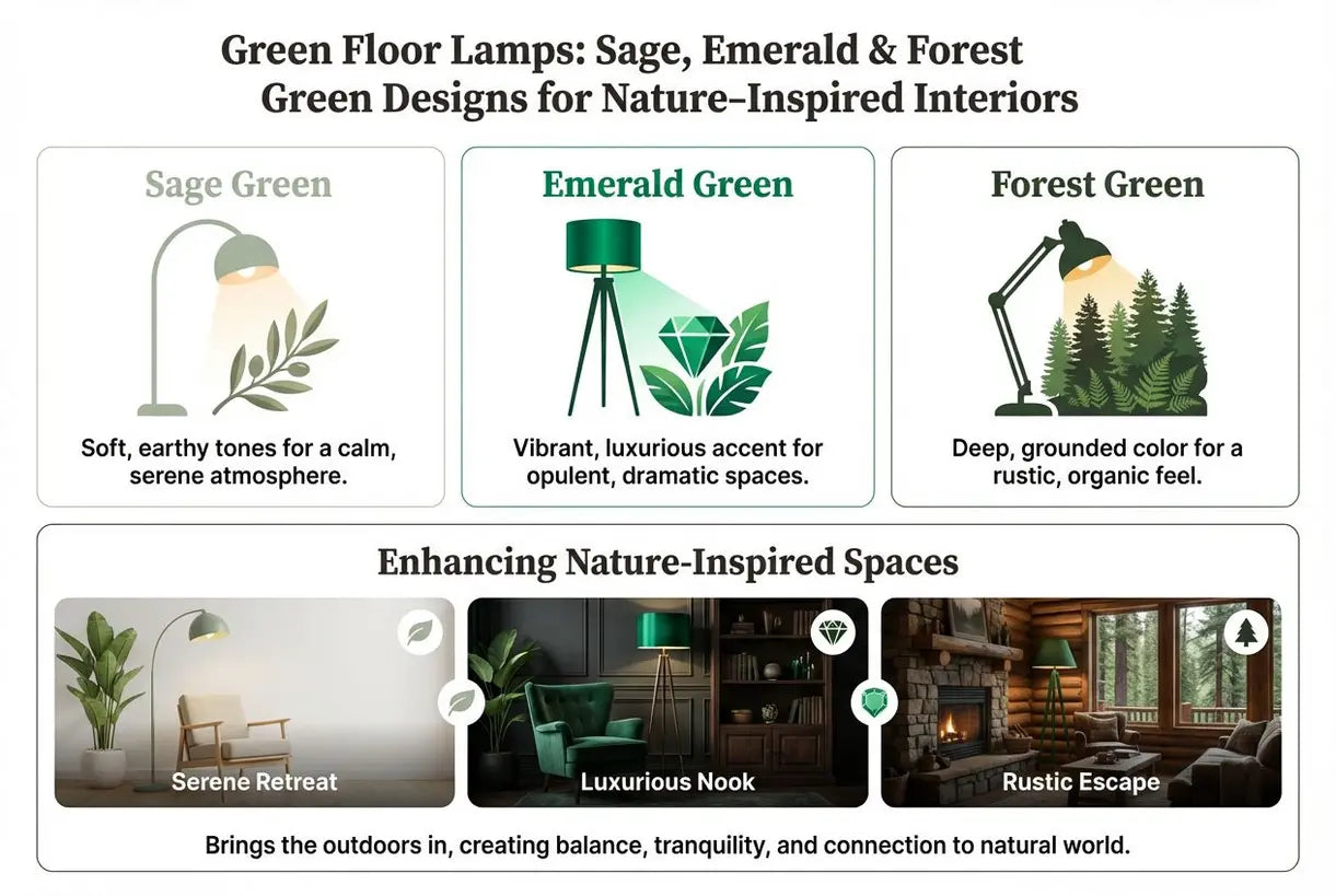 Groene Vloerlampen: Salie, Smaragd & Bosgroene Ontwerpen voor Natuur-Geïnspireerde Interieurs - infographic