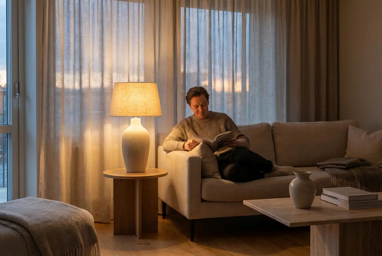 Hoge sculpturale tafellamp verlicht de leeshoek van een Scandinavische woonkamer