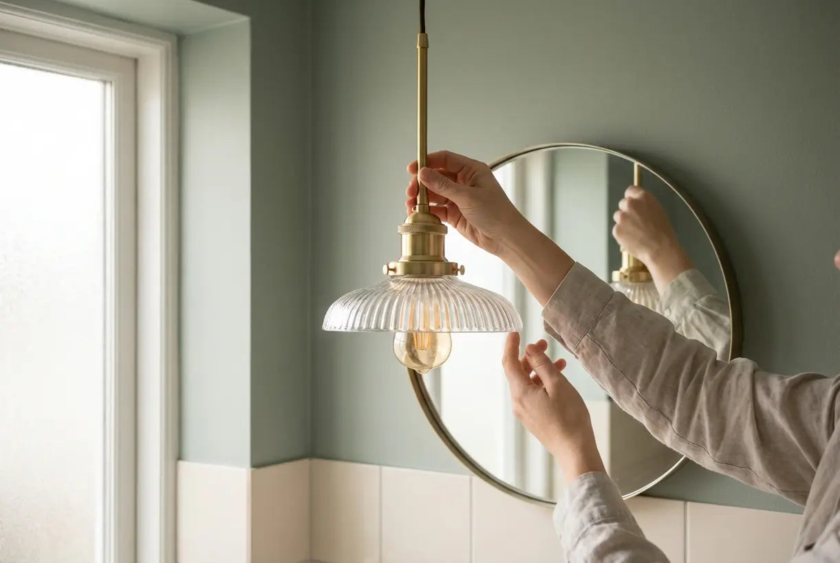 Hands adjusting brass bathroom pendant light fixture above vanity mirror