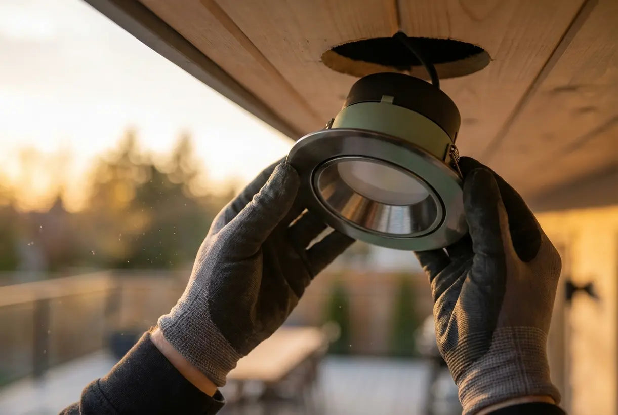 Close-up van handen die waterdichte buiten inbouw LED-armatuur in soffiet installeren