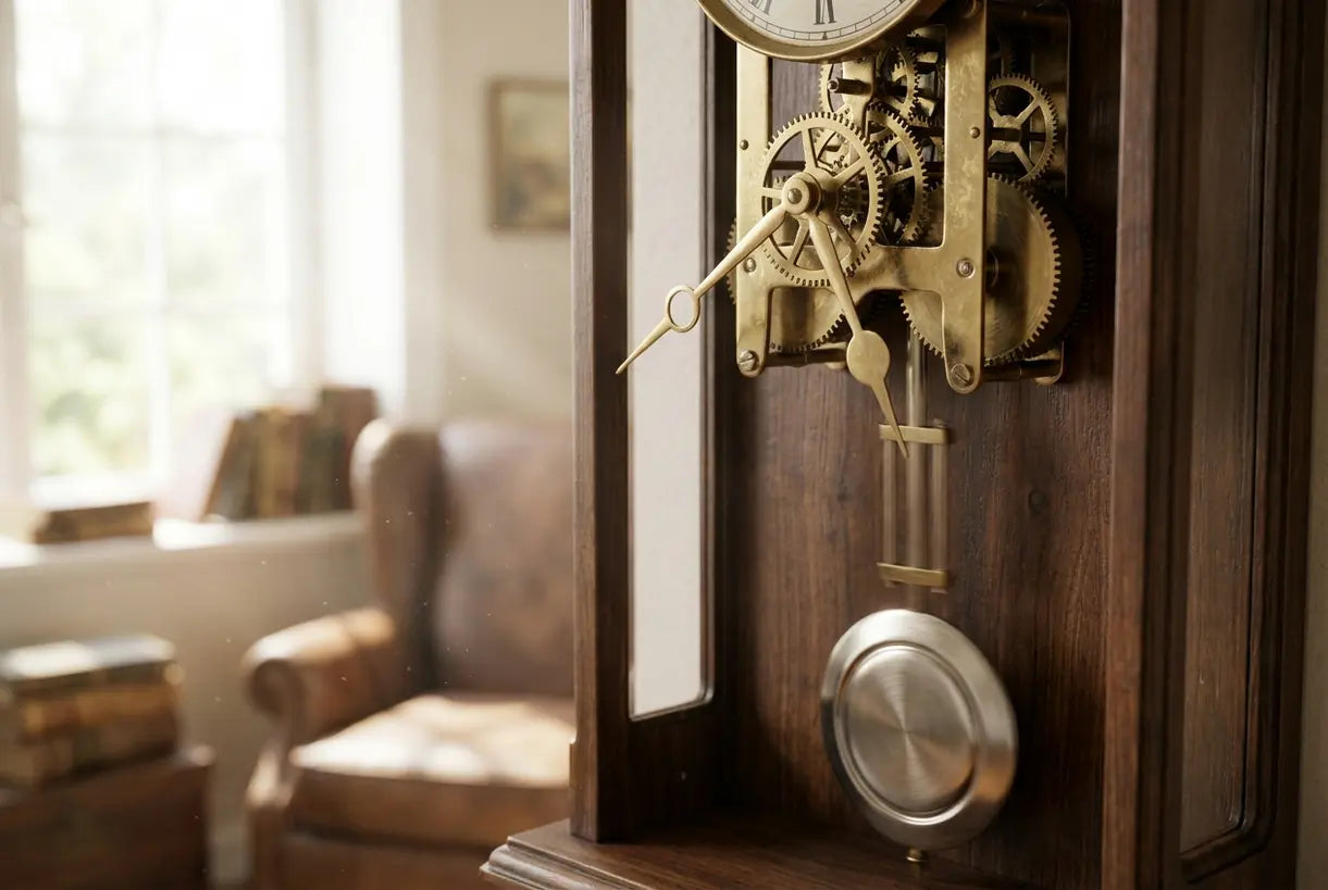 Nahaufnahme des schwingenden Pendels einer Wanduhr, klassisches Handwerk