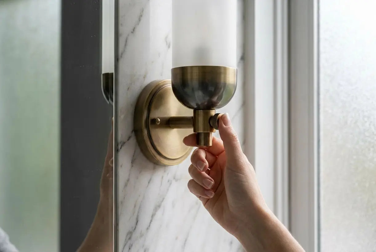 Premium brass bathroom wall sconce with marble mirror, luxury bathroom lighting fixture detail