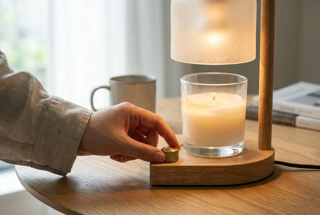 Handen die de dimmer op een kaarsverwarmerlamp met gesmolten waxpot eronder aanpassen