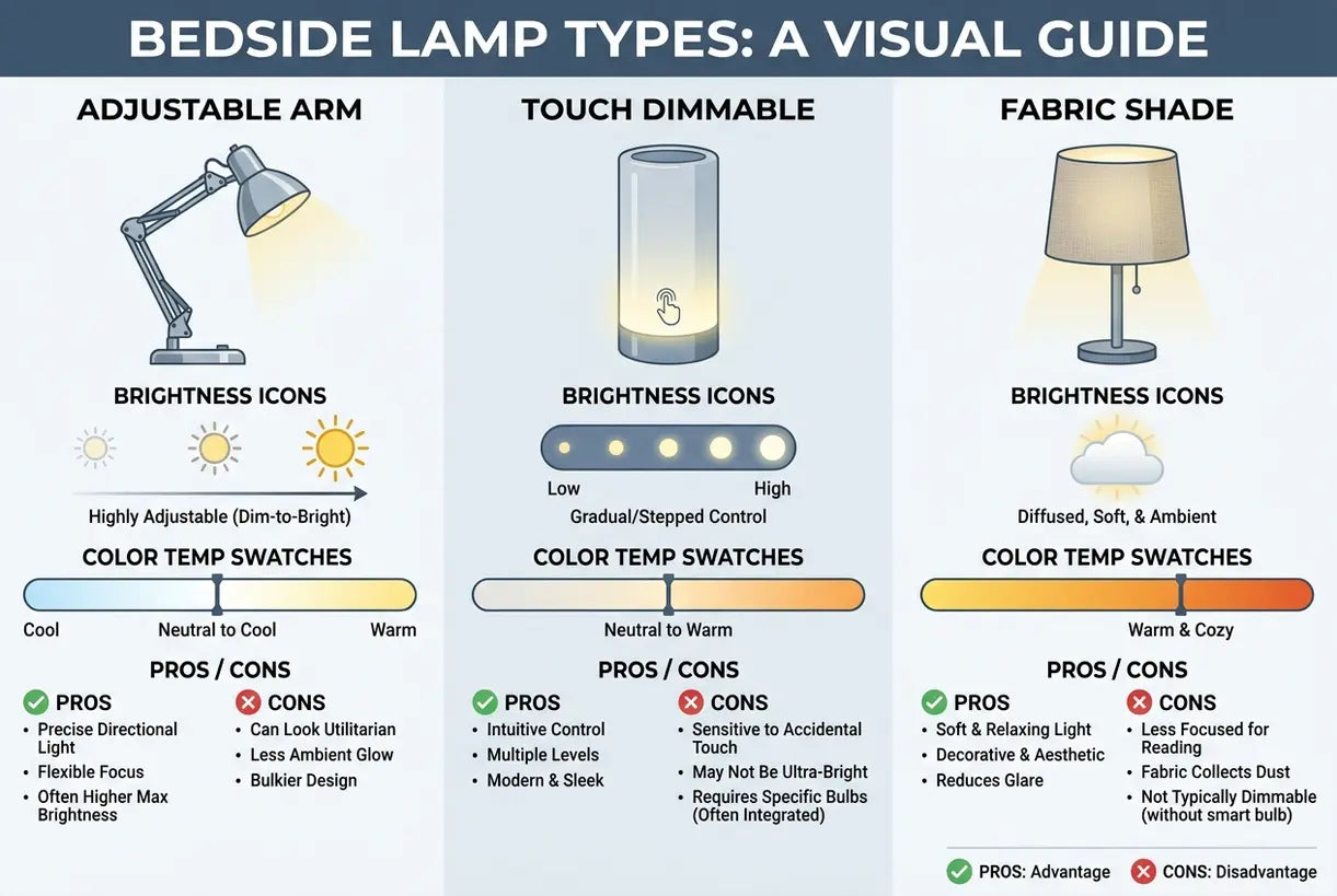 Infographic comparing bedside lamp types for reading