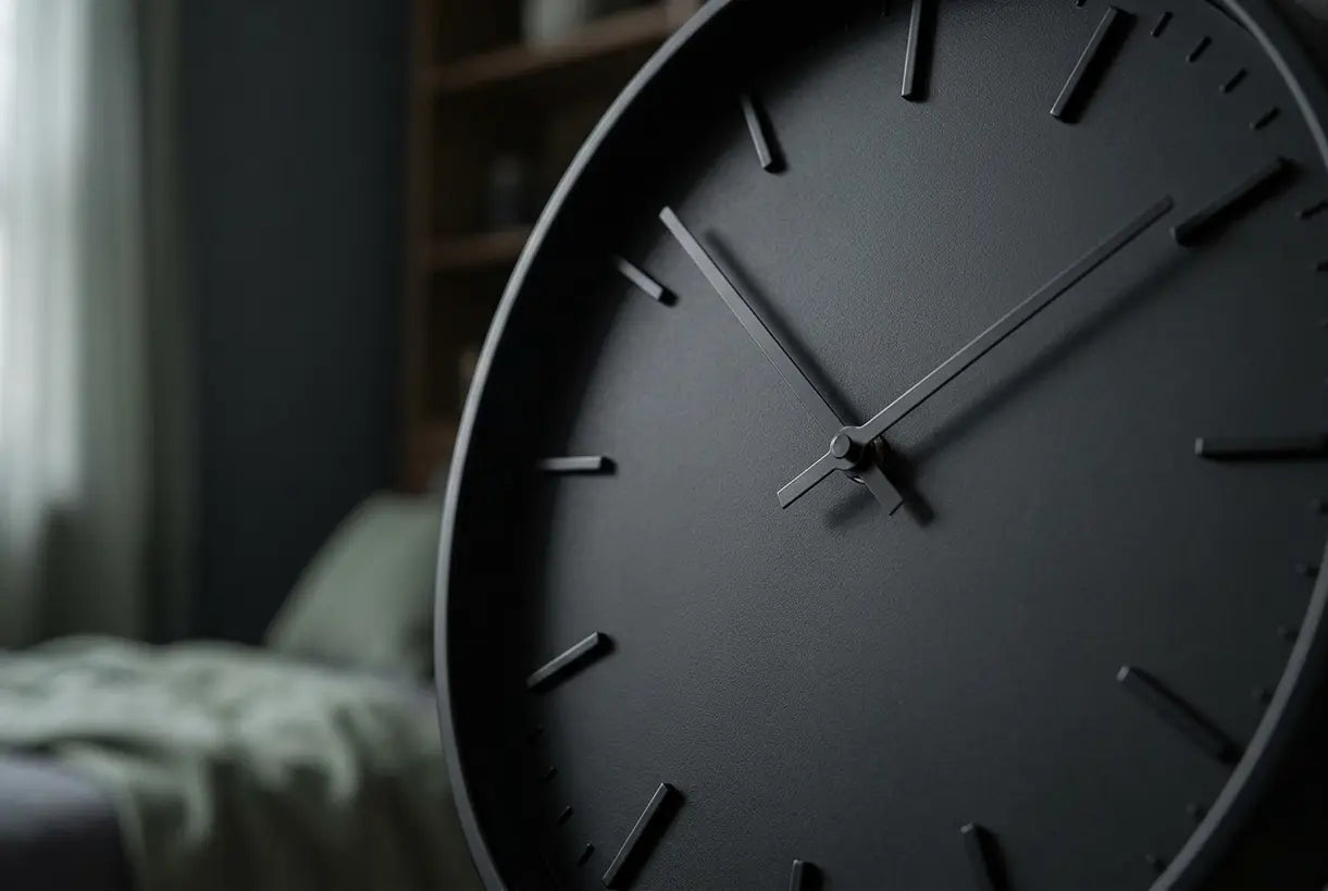Close-up of a sleek black wall clock face showing minimalist hour markers and hands with shallow depth of field and moody natural lighting