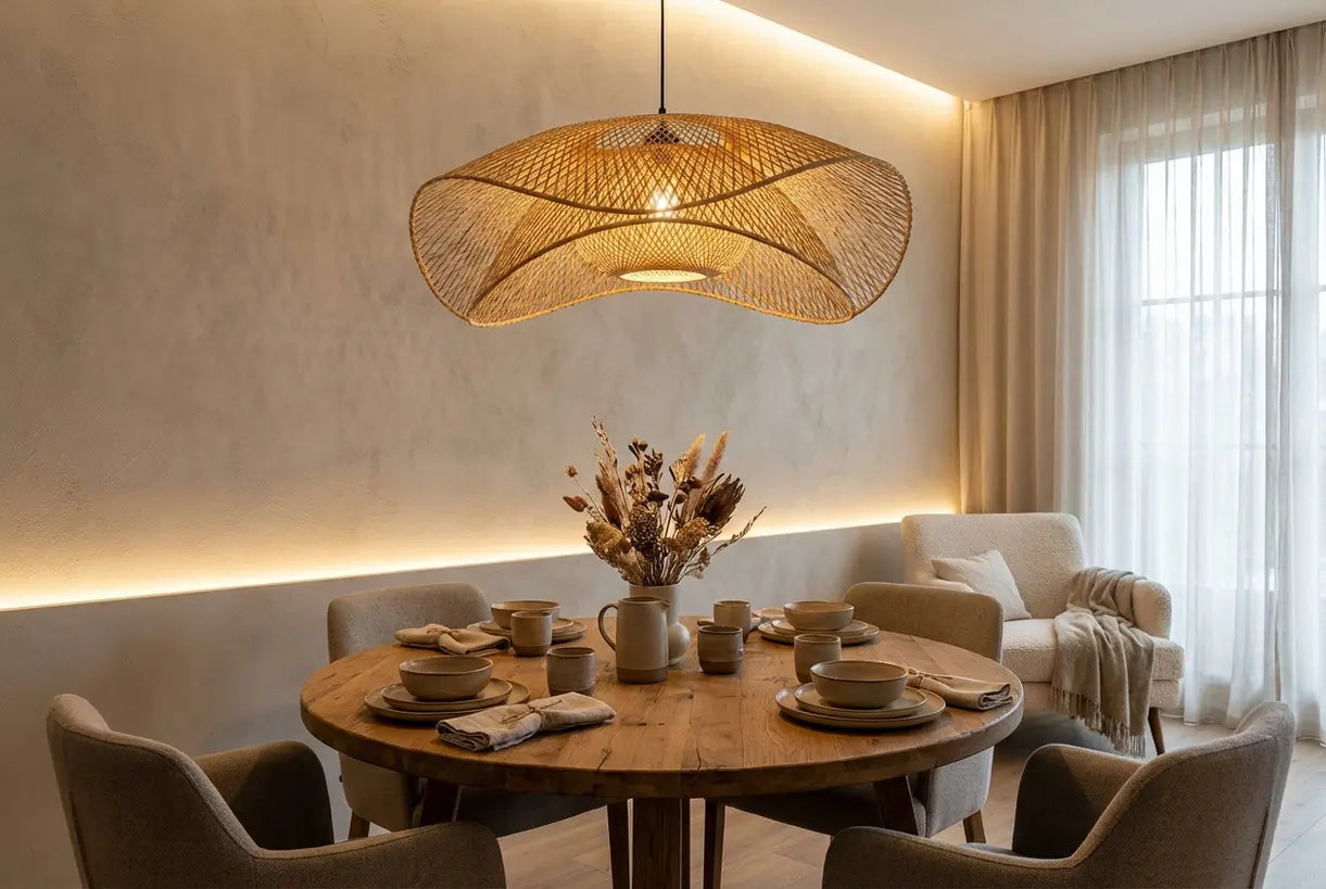 Dining table with single pendant light hung at correct height
