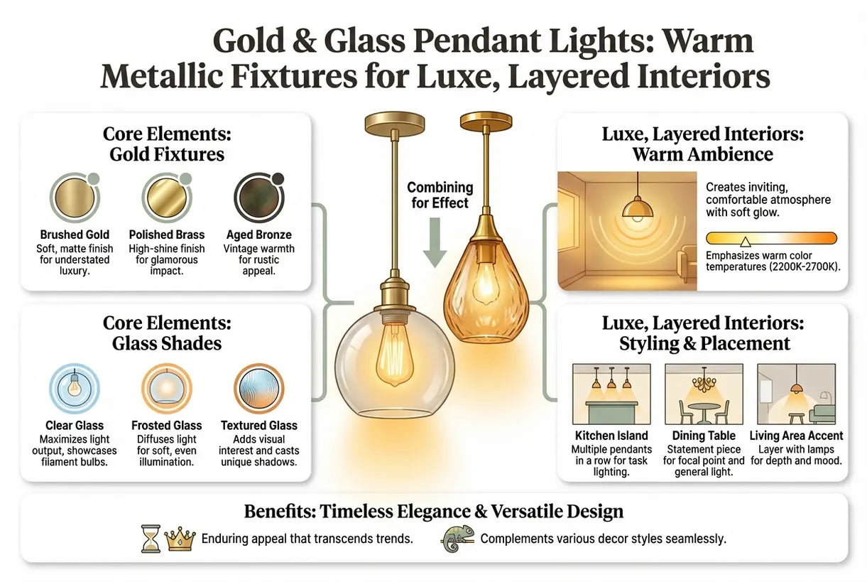 Goud- & glazen hanglampen: warme metalen armaturen voor luxe, gelaagde interieurs - infographic