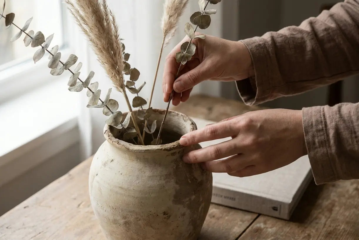 Hands arranging dried flowers in ceramic vase for home decor styling