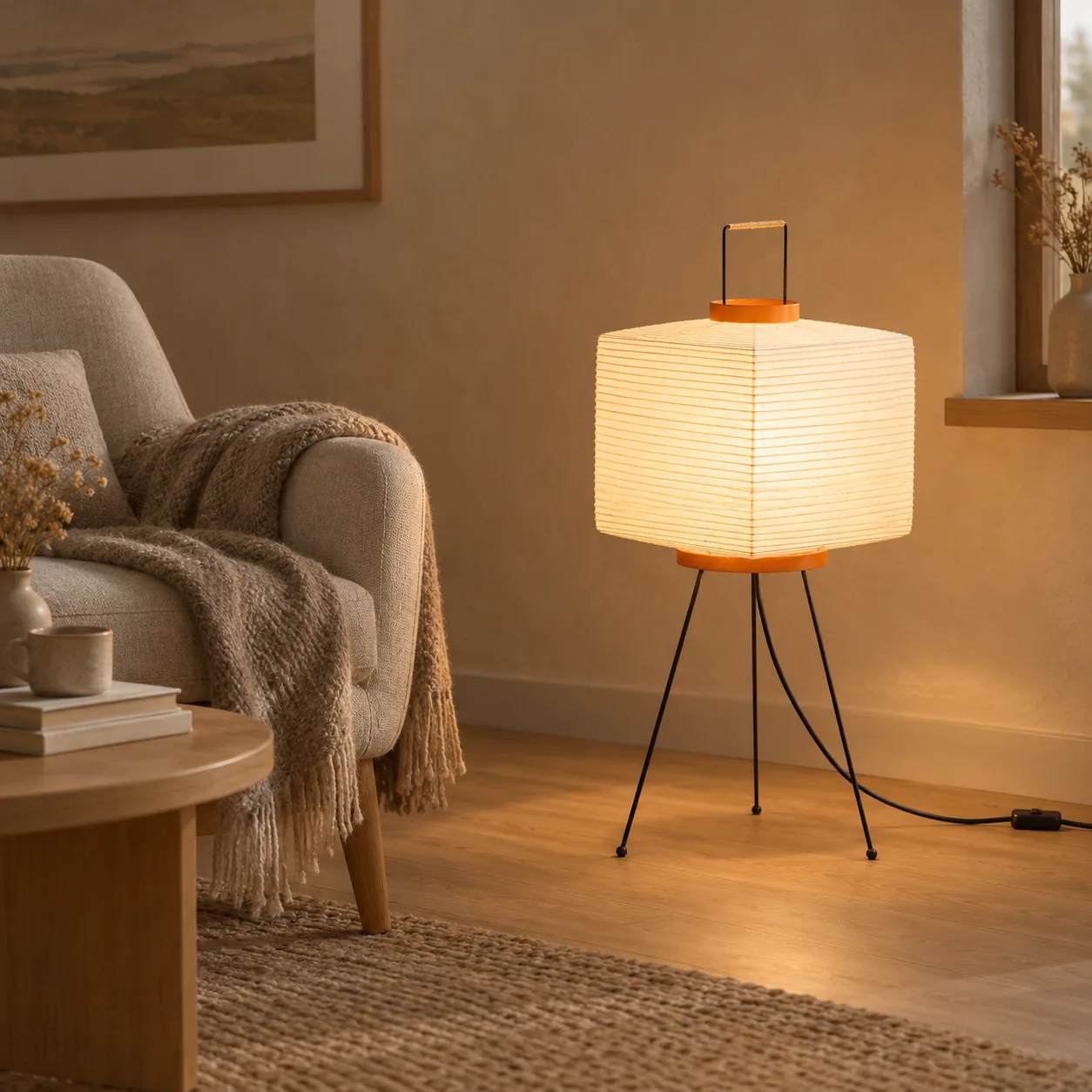 Papira Handcrafted Rice Paper Ambient Floor Lamp, styled in a Scandinavian interior