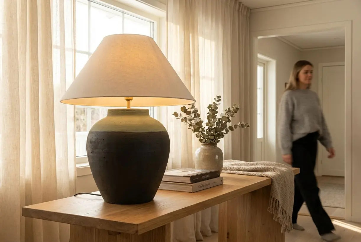 Extra grote statement tafellamp in een groot Scandinavisch woonkamerinterieur