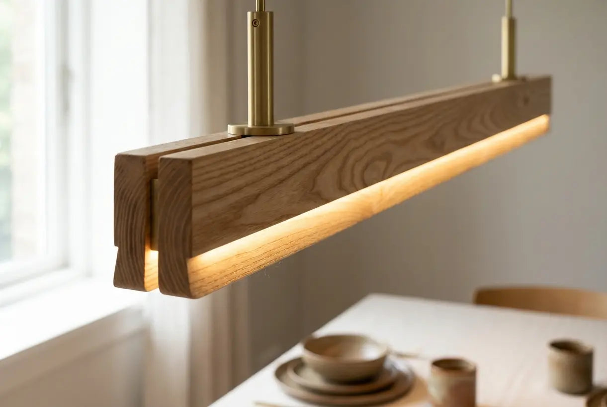Natuurlijk essenhoutnerf detail op lineaire hanglamp met warme LED-gloed