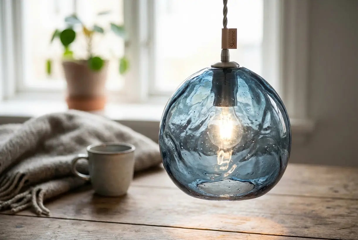 Hyperrealistische close-upfoto van een blauwe glazen hanglamp die de textuur en lichtverspreiding door het gekleurde glas toont, zachte natuurlijke verlichting, geringe scherptediepte