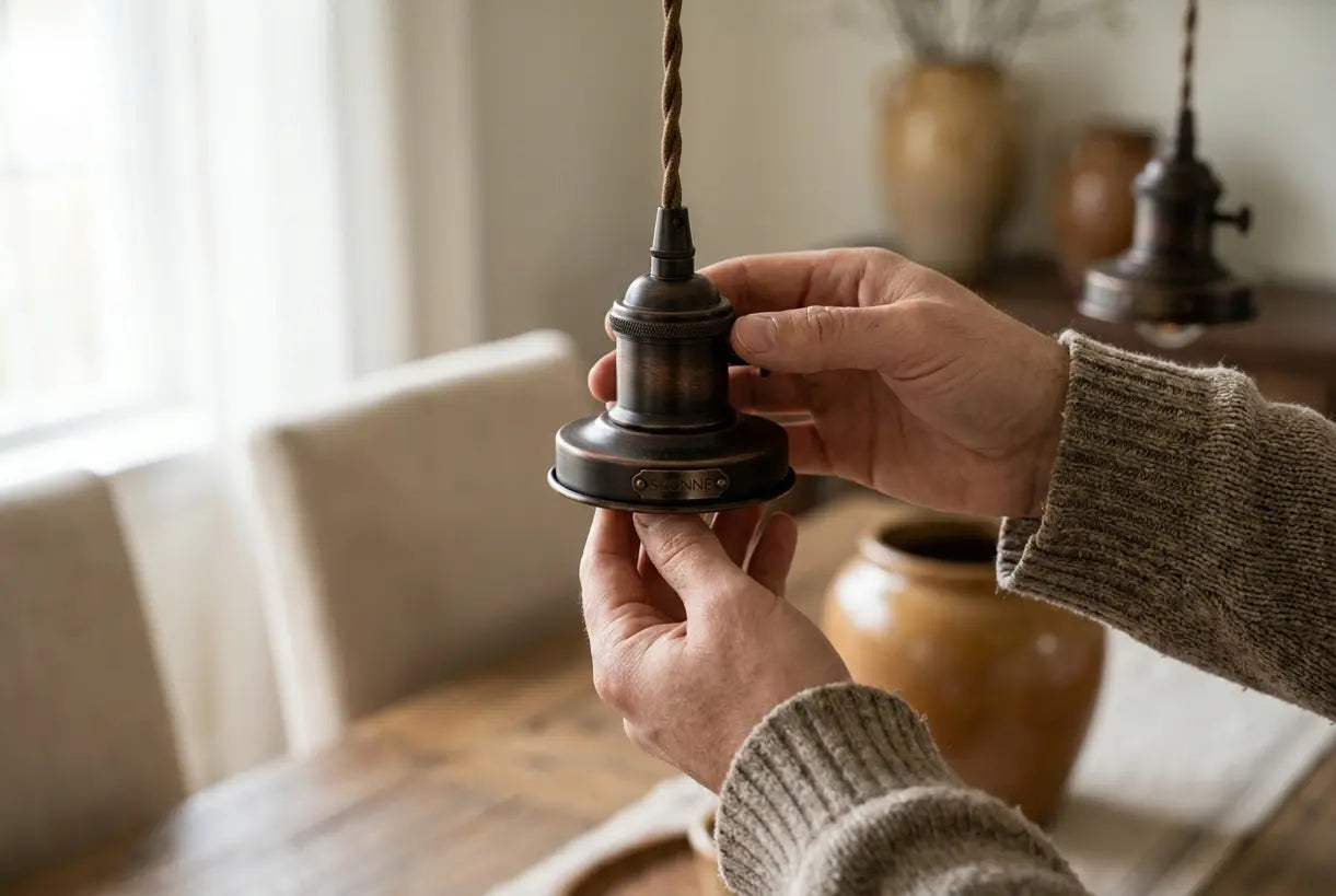 Close-up of oil rubbed bronze pendant light fixture showing dark warm metallic finish above dining table