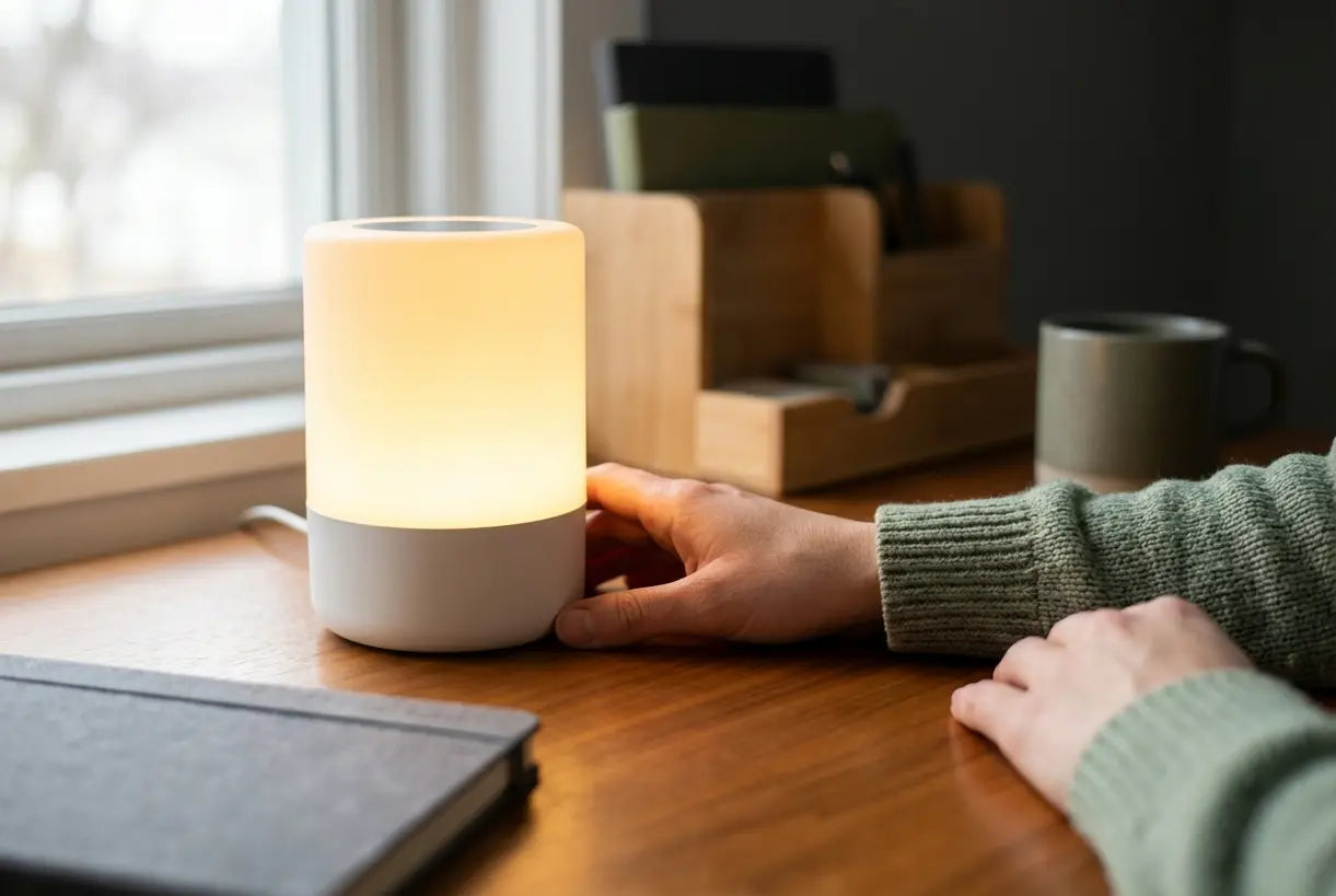 Vrouw gebruikt bureaulamp voor lichttherapie voor stemmingsverbetering in Scandinavisch thuiskantoor