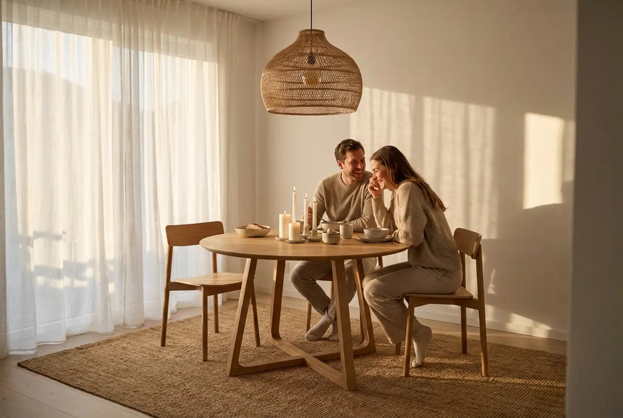 Scandinavische eetkamer met een stel dat geniet van een maaltijd onder een hanglamp en natuurlijke houten meubels