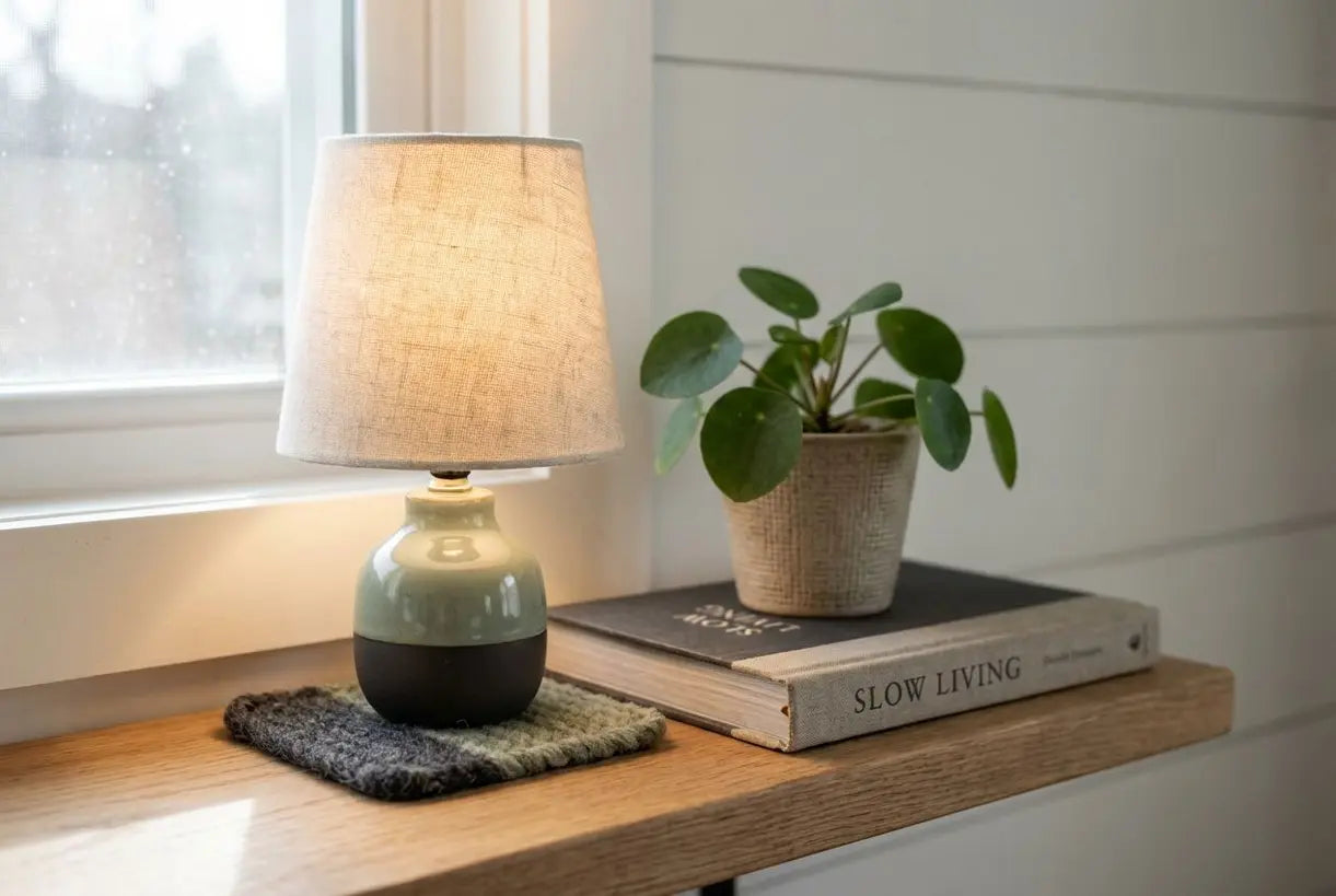 Scandinavische plank gestyled met miniatuur tafellamp en natuurlijk decor