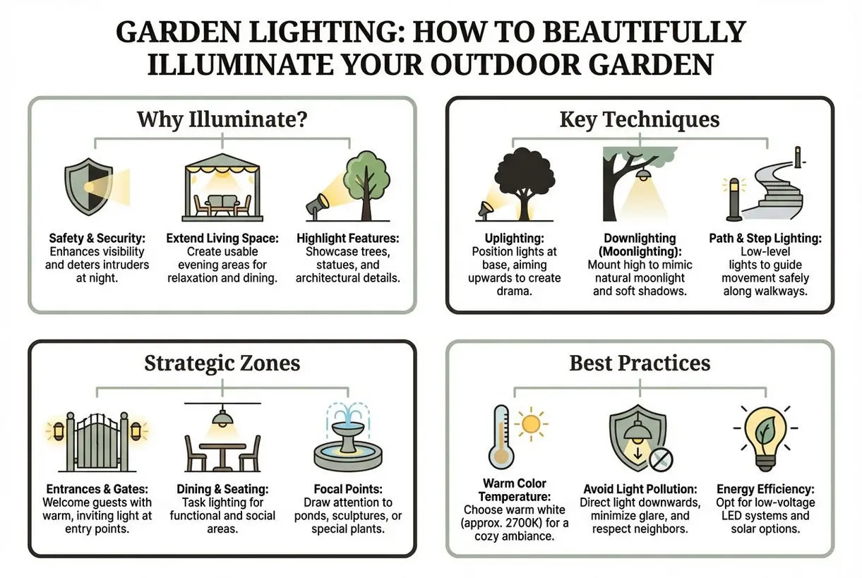Tuinverlichting: Hoe u uw buitentuin prachtig verlicht - infographic