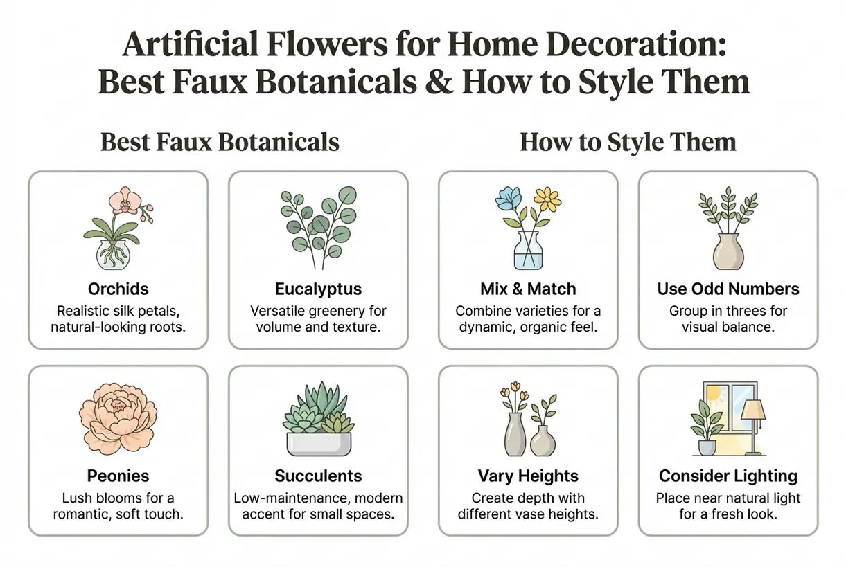 Artificial Flowers for Home Decoration: Best Faux Botanicals & How to Style Them - infographic