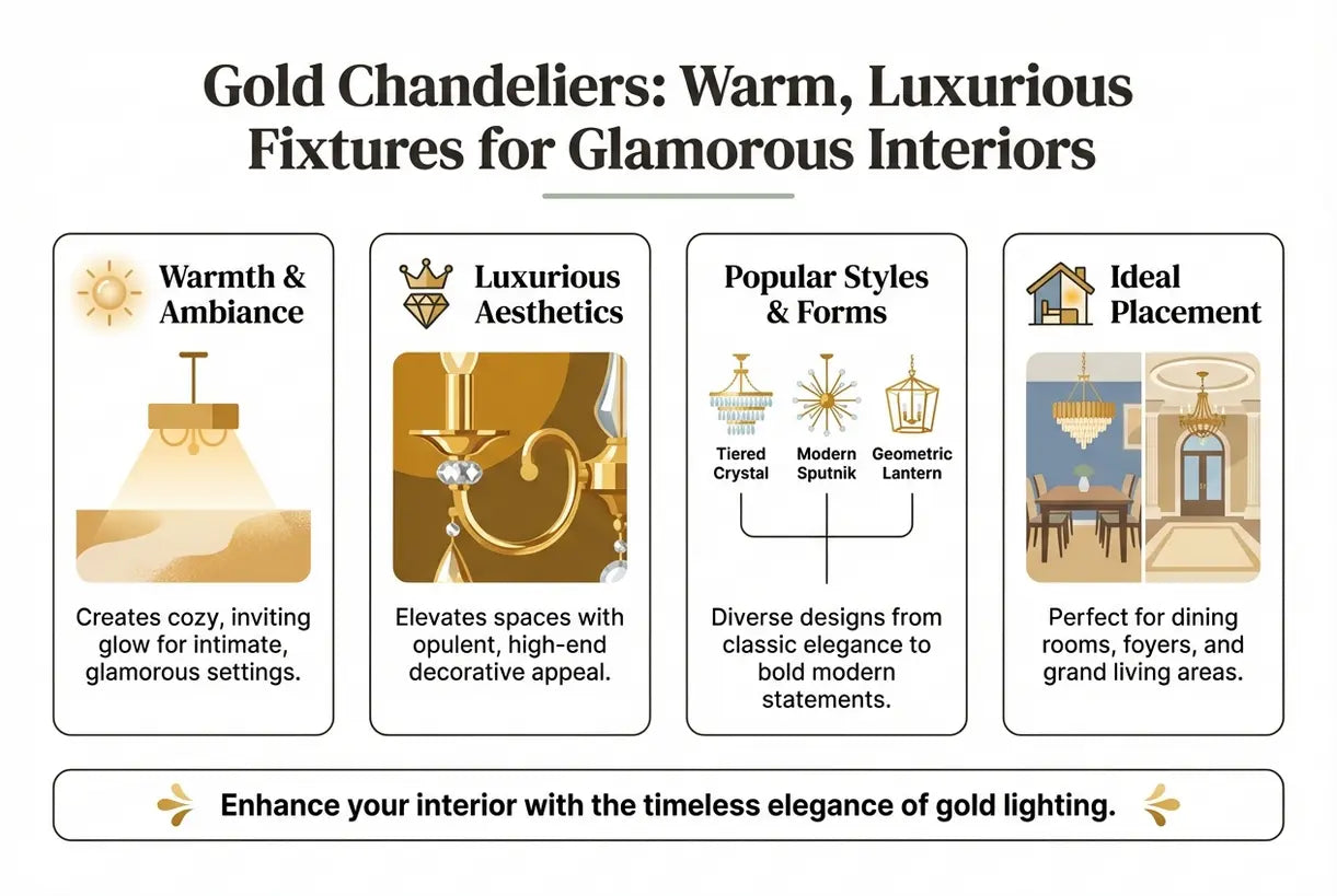 Gold Chandeliers: Warm, Luxurious Fixtures for Glamorous Interiors - infographic