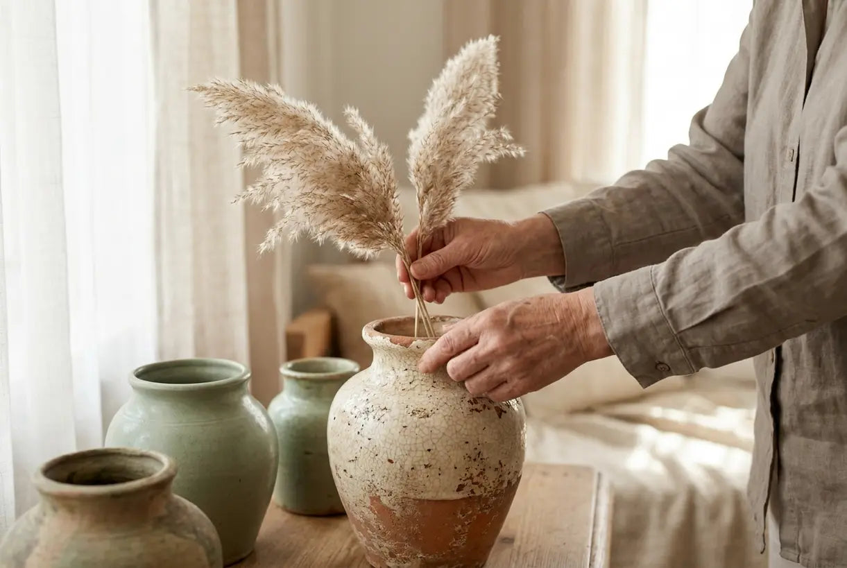 Hands arranging dried flowers in vintage ceramic vase with textured glaze for classic interior styling