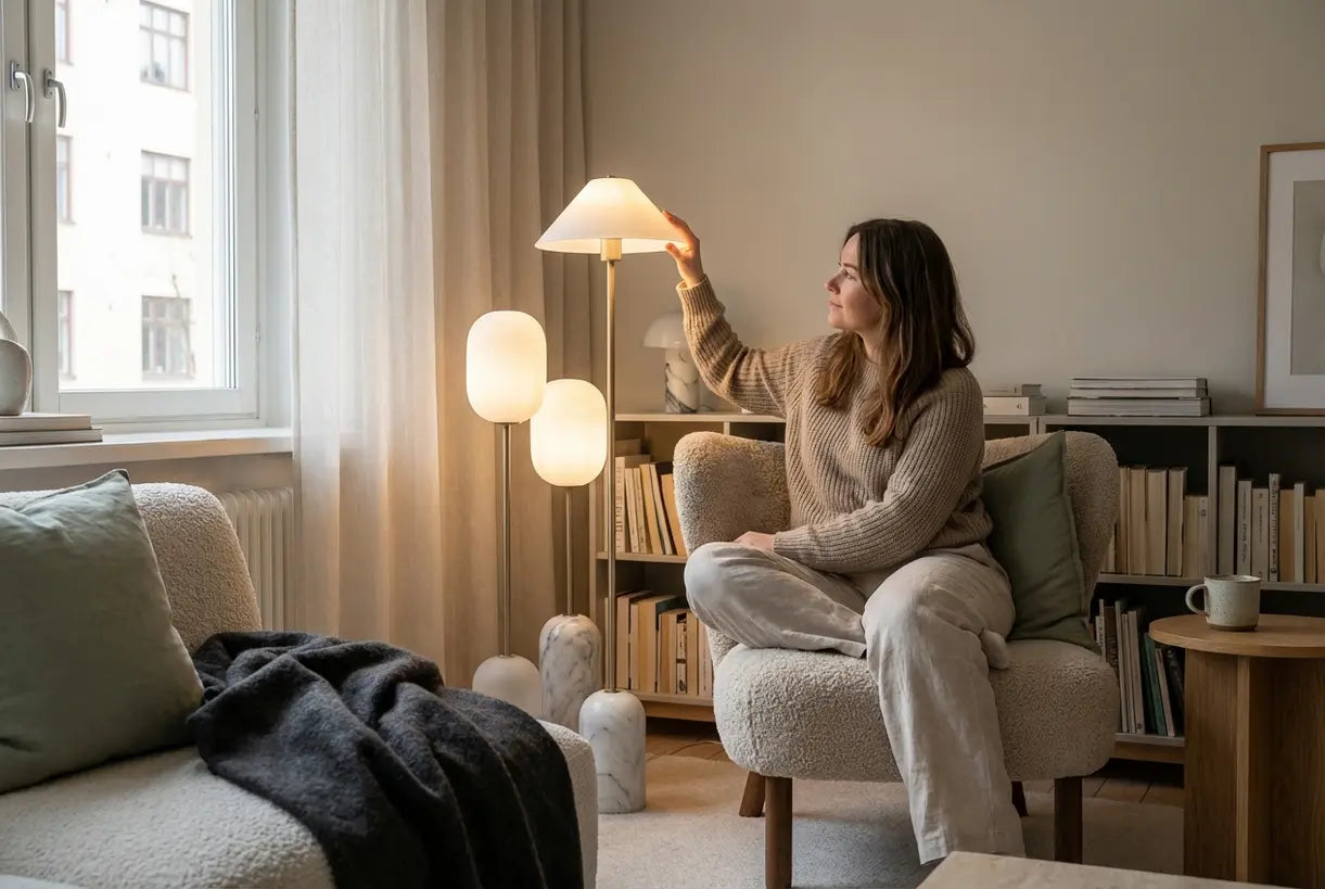 Scandinavische woonkamer met sculpturale glazen vloerlamp in gezellige leeshoek