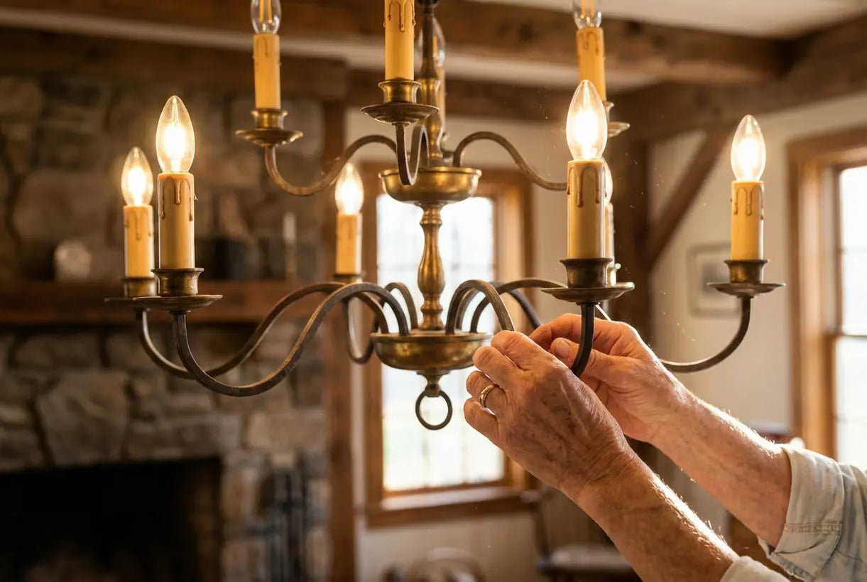 Handen die romantische kandelaar-kroonluchter aanpassen met warme gouden gloed in klassiek interieur