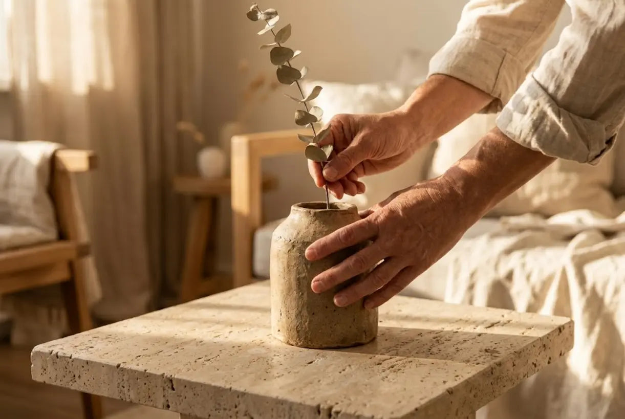 Hands placing dried stem into handcrafted ceramic vase sustainable home decor