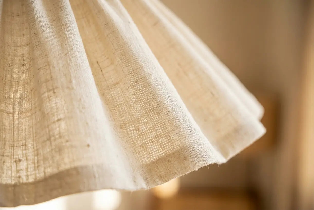 Close-up of pleated linen fabric pendant light shade texture with warm natural light