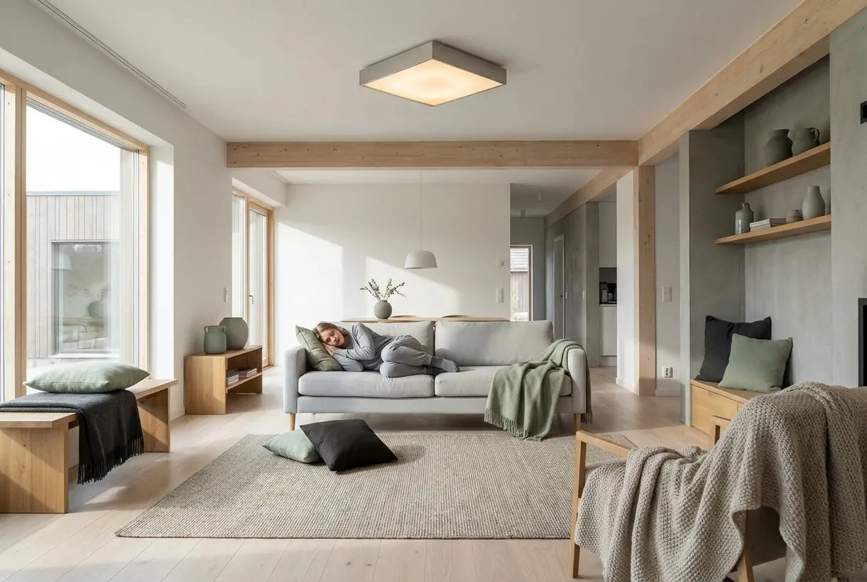 Modern woonkamerinterieur met vierkante plafondlamp als architectonisch middelpunt