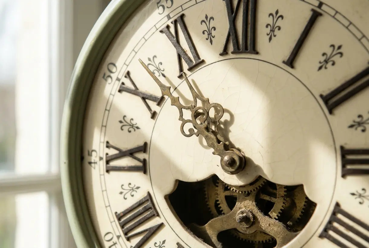 Elegante französische Wanduhr mit römischen Ziffern und Messingdetails für romantische Wohndekoration