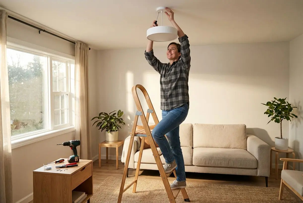 Bewoner monteert op een ladder een plafondlamp in een moderne Scandinavische woonkamer