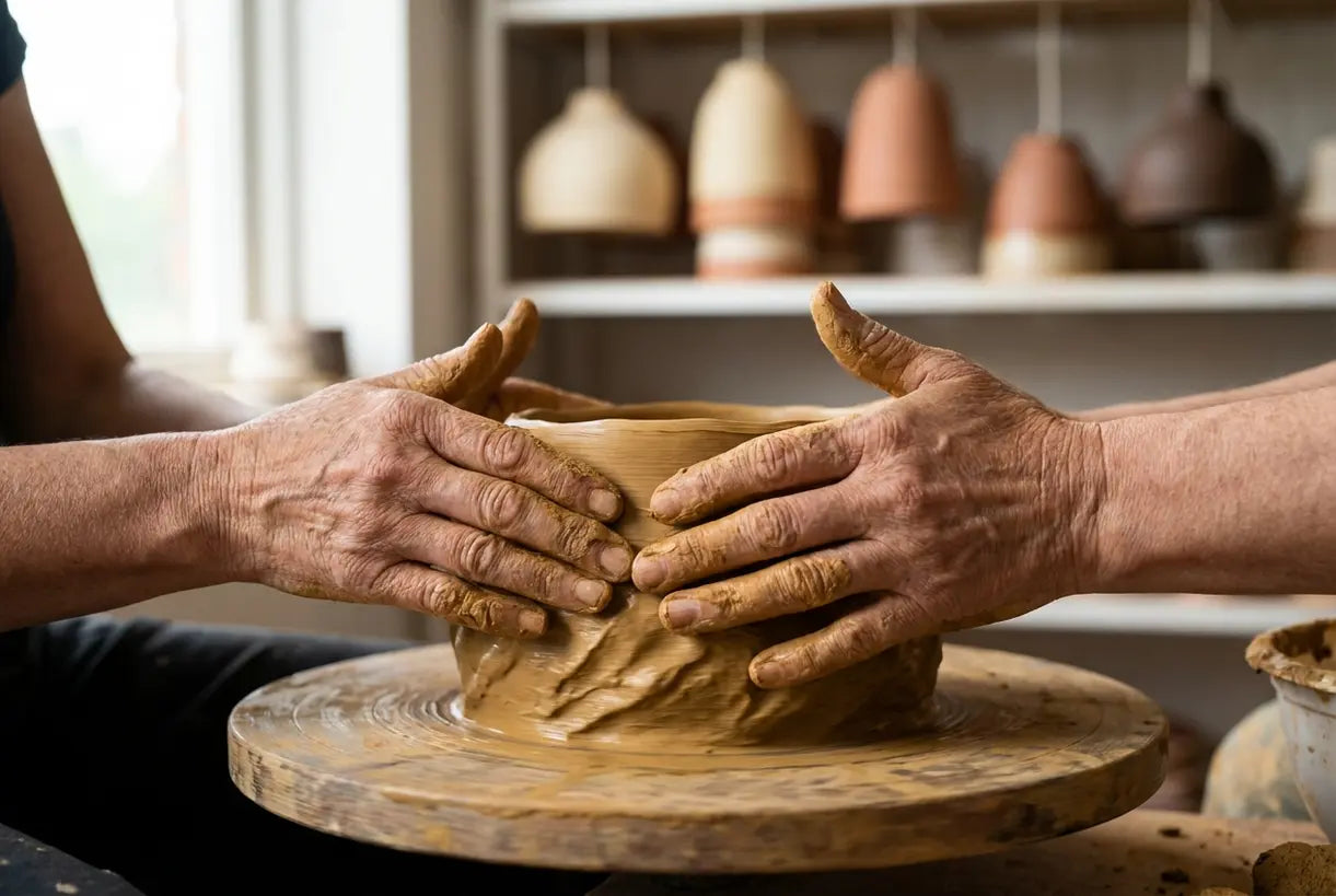 Handen van een ambachtsman die een keramische hanglampenkap op een pottenbakkersschijf maken met natuurlijke klei textuur