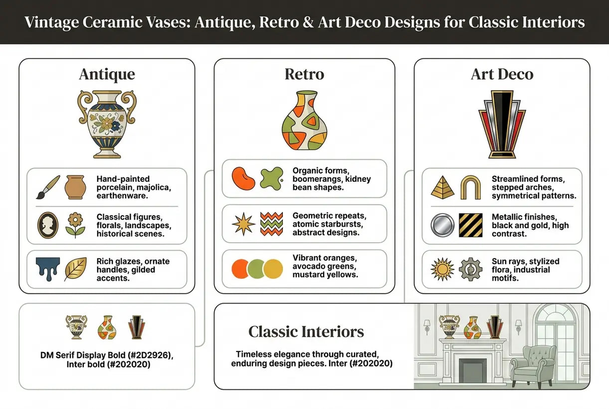 Vintage-Keramikvasen: Antike, Retro- und Art-Déco-Designs für klassische Interieurs – Infografik