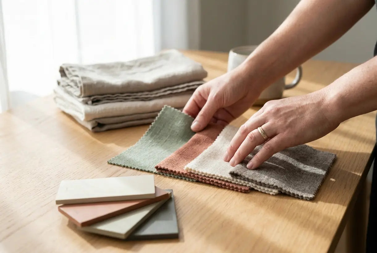 hands arranging color swatches for home decor color schemes