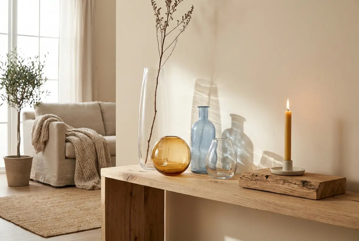 Scandinavian shelf display with curated glass vases and decorative objects