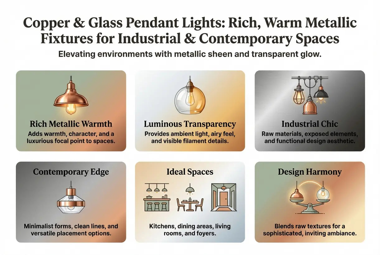 Koperen en glazen hanglampen: rijke, warme metalen armaturen voor industriële en eigentijdse ruimtes - infographic