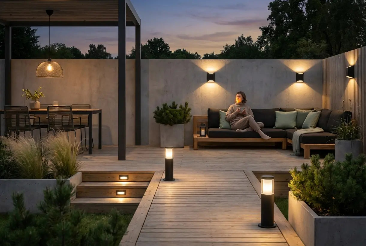 Modern buitenpatio met eigentijdse verlichtingsarmaturen die een warme ambiance creëren