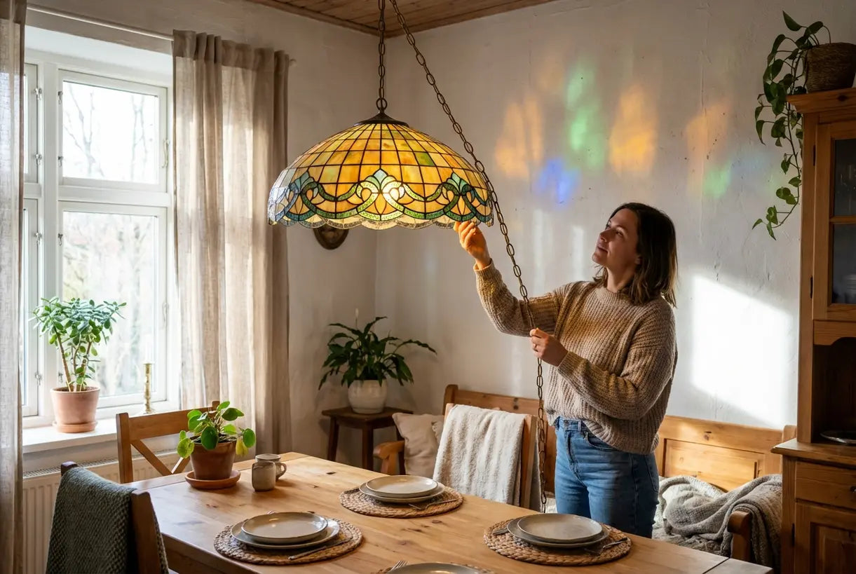 Tiffany stained glass pendant light illuminating a Scandinavian dining room