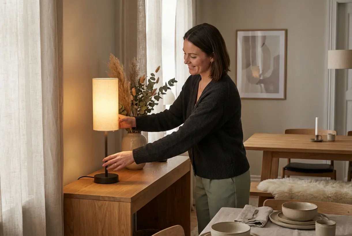 Vrouw zet een hoge, snoerloze buffetlamp op een houten dressoir in een Scandinavisch geïnspireerde eetkamer