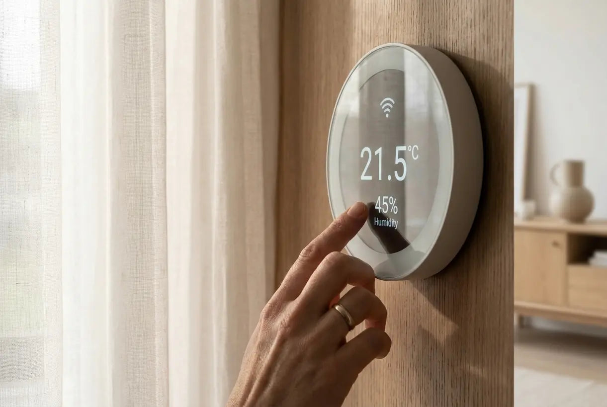 Hand stellt die Temperaturanzeige einer smarten Wanduhr in einem modernen skandinavischen Zuhause ein